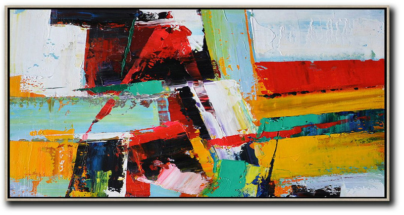 Handmade Large Painting,Horizontal Palette Knife Contemporary Art Panoramic Canvas Painting,Acrylic Painting On Canvas,White,Yellow,Red,Black.etc